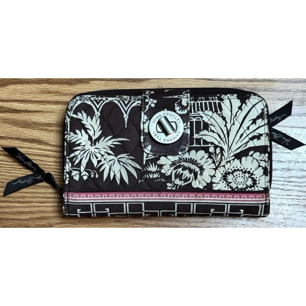 Vera Bradley Imperial Toile Floral Garden Birds Brown Quilt Turn Lock Zip Wallet